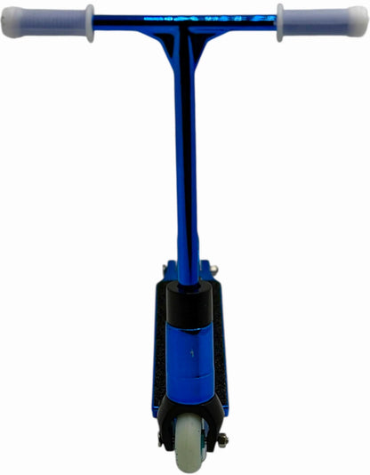 Front view of the Finger Whips Finger Toy Scooter - Blue Chrome by Finger Whips, featuring white handle grips and one visible wheel—ideal for practicing Finger Whips and other tricks.