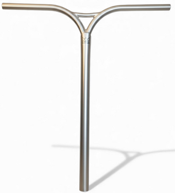 The Legacy Cut-Out Titanium Oversized HIC Stunt Scooter Y-Bars (Chrome, 660mm x 600mm) feature a lightweight Y-shaped design with wide, straight grips and a central stem—perfect for park riders. Shown on a plain white background.