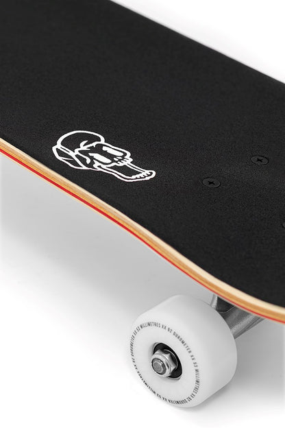 Close-up of the Enuff Lucky Cat Red Complete Skateboard (8.0" x 32") featuring black grip tape, a wooden deck edge, white wheels with silver hardware—ideal for street and park skating.