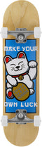 The Enuff Lucky Cat Mini Natural Complete Skateboard (7.25" x 29.5") for kids features a natural wood finish with a white waving lucky cat, gold coin graphic, and "Make Your Own Luck" in bold white letters—perfect for beginners.