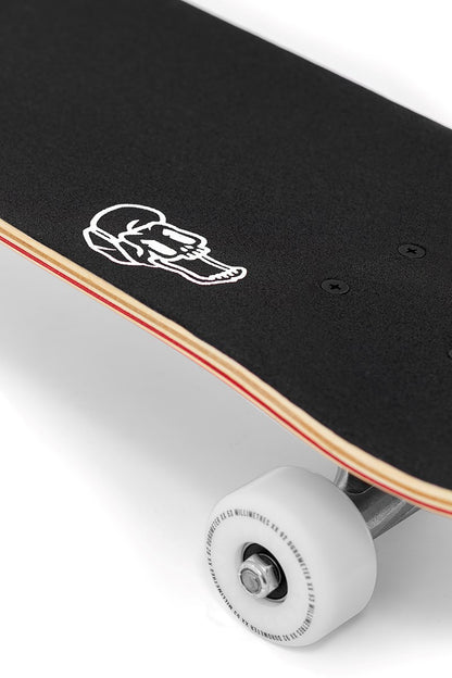 Close-up of the Enuff Lucky Cat Mini Red Complete Skateboard (7.25" x 29.5") by Enuff, featuring black grip tape with a white graphic, layered wooden deck, and white wheels—ideal for beginners.