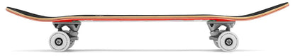 A side view of the Enuff Lucky Cat Mini Red Complete Skateboard - 7.25" x 29.5", ideal for beginners or kids, highlights its curved deck, white wheels, and metal trucks against a white background.