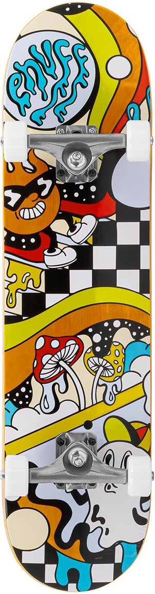 The Enuff Meltworld Mini Confused Complete Skateboard (7.25" x 29.5") by Enuff features energetic, playful artwork in black, white, yellow, red, and blue with cartoon characters, mushrooms, and checkered patterns for a fun kids’ ride.