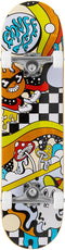 The Enuff Meltworld Mini Confused Complete Skateboard (7.25" x 29.5") by Enuff features energetic, playful artwork in black, white, yellow, red, and blue with cartoon characters, mushrooms, and checkered patterns for a fun kids’ ride.