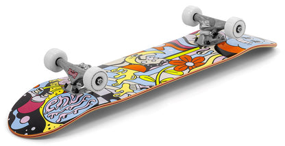 The Enuff Meltworld Mini Dazed Complete Skateboard (7.25" x 29.5") by Enuff features a vibrant, cartoon-style deck with flowers and playful patterns, white wheels, and is perfect as a kids skateboard.
