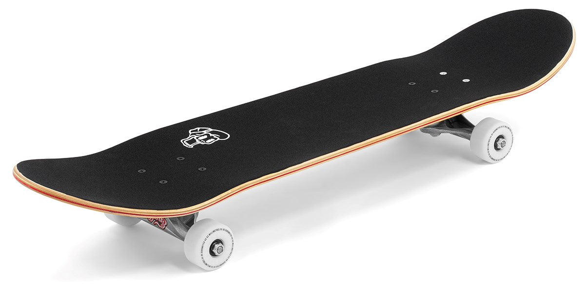 The Enuff Meltworld Dazed Complete Skateboard (7.75" x 31.5") features a durable maple deck, white wheels, silver trucks, and a small white graphic on black grip tape—perfect for beginners. Shown side-on against a white background.