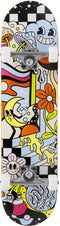 The Enuff Meltworld Mini Dazed Complete Skateboard (7.25" x 29.5") features a bold cartoon-style design with smiling faces, vibrant flowers, mushrooms, hands, paint splatters, and a checkerboard—perfect for kids.