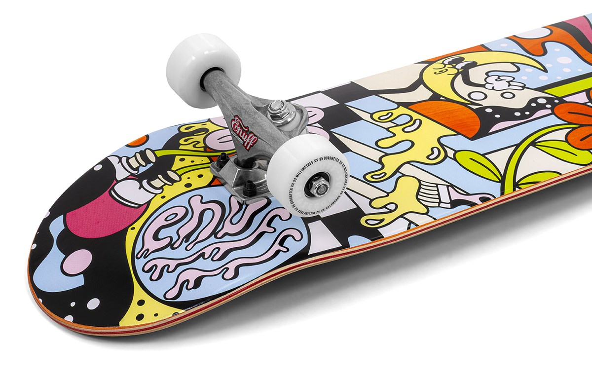 A close-up of the Enuff Meltworld Dazed Complete Skateboard - 7.75" x 31.5" by Enuff, featuring colorful abstract cartoon art on a maple deck with silver trucks and white wheels—an ideal vibrant skateboard for beginners.