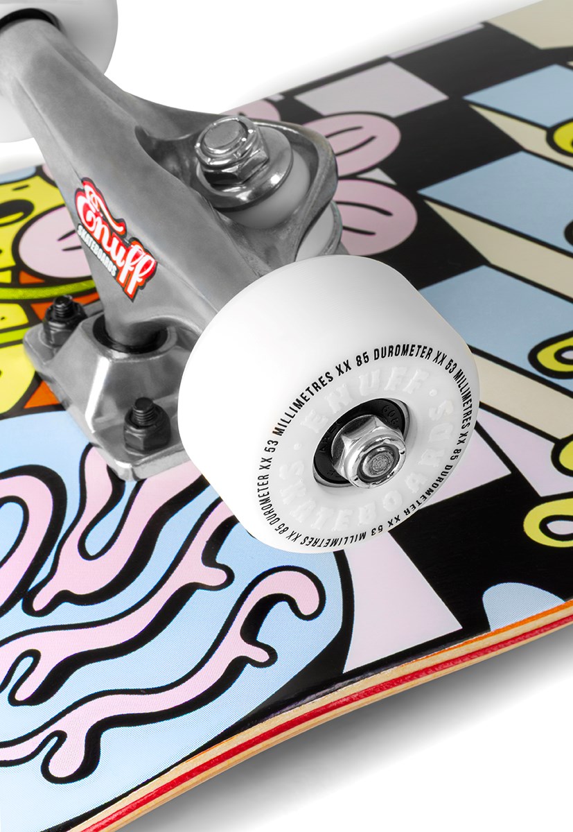 Close-up of the Enuff Meltworld Dazed Complete Skateboard’s wheel and truck on a 7.75" x 31.5" maple deck with vibrant art. The white wheel shows specs, and the metal truck has Enuff branding—ideal for beginner skateboarders.