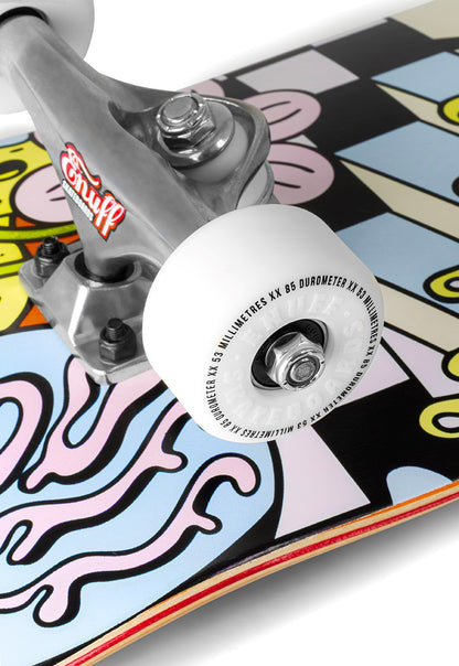 Close-up of the Enuff Meltworld Mini Dazed Complete Skateboard (7.25" x 29.5") by Enuff, featuring white wheels with specs, silver trucks with logo, and a colorful abstract graphic—ideal as a kids skateboard.