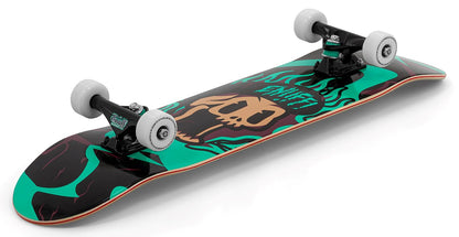 The Enuff Pyro III Blue Complete Skateboard (7.75" x 31.5") by Enuff features a 7-ply maple deck, white wheels, a black background with green and tan skull graphics, ideal as an entry-level board for new skaters.