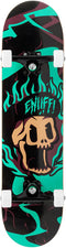The Enuff Pyro III Blue Complete Skateboard (7.75" x 31.5") features a 7-ply maple deck, white wheels, black trucks, and a tan skull with green and purple flames beneath "ENJIFFI"—ideal for beginners.