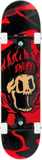 The Enuff Pyro III Red Complete Skateboard - 7.75" x 31.5" features a tan skull with red flames and bold red "ENUFF" lettering on a durable 7-ply maple deck. This entry-level board comes fully assembled with wheels and trucks.