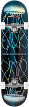 The Enuff Abyss Jellyfish Complete Skateboard (8.0" x 32.0") features a holographic jellyfish and wavy lines on a dark maple deck, silver trucks, white wheels, and bold distressed "Snuff Skateboards" text on top.