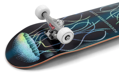 A close-up of the Enuff Abyss Jellyfish Complete Skateboard - 8.0" x 32.0", featuring a vibrant jellyfish graphic on a dark maple deck, with white wheels and silver trucks by Enuff.