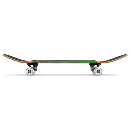 Side view of the Enuff Yokai Dragon Complete Skateboard - 8.25" x 32.1", by Enuff, showcasing black grip tape, white wheels, raised ends, and a vivid Japanese dragon graphic beneath its maple deck.
