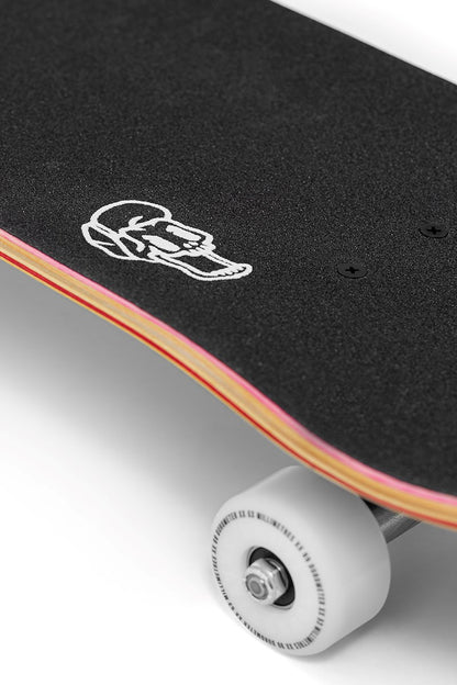Close-up of the Enuff Yokai Kitsune Complete Skateboard (8.25" x 32.1"), featuring a 7-ply maple deck with black grip tape, white wheels, colored edge layers, and folklore-inspired art in the style of Enuff's Japanese Yokai designs.