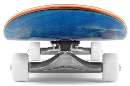 Close-up, low-angle view of the Enuff Yokai Kitsune Complete Skateboard (8.25" x 32.1"), highlighting the Enuff trucks, white wheels, and blue 7-ply maple deck with a red edge inspired by Japanese folklore.