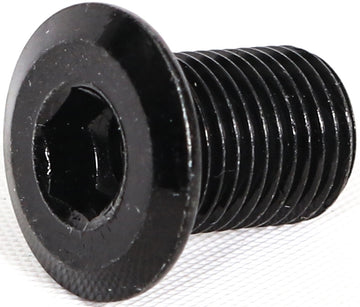 A close-up of the Ethic DTC Stunt Scooter Brake Bolt - Black, featuring a wide flange and threaded body, by Ethic DTC, resting on a white textured surface.