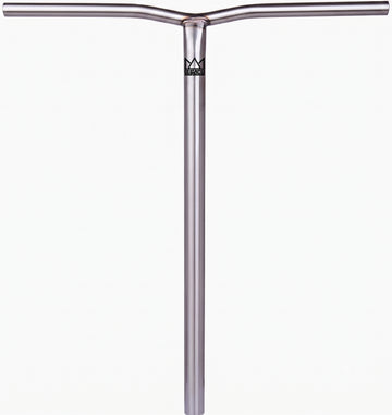 The Legacy Steeltanium Chromo Lite Oversized HIC/SCS Stunt Scooter Bars in Raw (680mm x 610mm) feature a durable chromoly steel T-bar design with a subtle center logo, compatible with HIC/SCS setups.