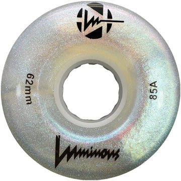 A close-up of a Luminous LED 85A Quad Skate Wheel in White Pearl (62mm), featuring an iridescent, sparkly finish and the "Luminous" label.