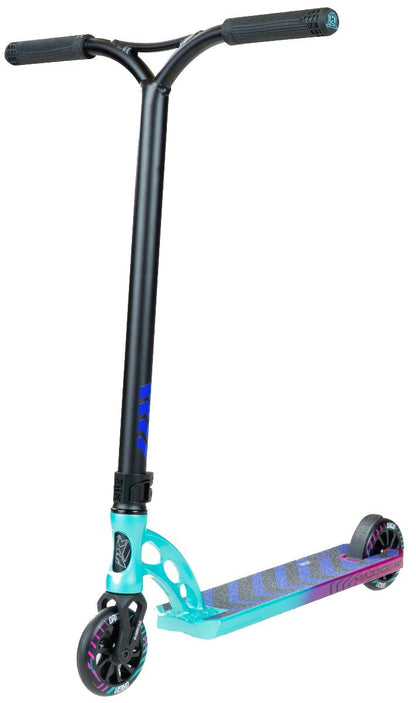 The Madd Gear MGP VX Origin IV 450 Complete Stunt Scooter - Gravitron features a teal and purple design, black handlebar, patterned deck, and small wheels—perfect for park riders—shown on a white background.