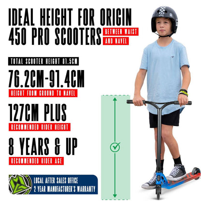A boy in a helmet stands on a blue and black Madd Gear MGP VX Origin IV 450 Complete Stunt Scooter - Tensor. Text shows ideal height: total 81.5cm; for park riders 127cm+ & ages 8+. A height chart appears beside him.