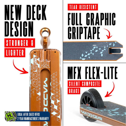 Split image shows the Madd Gear (MGP) VX Origin IV 500 Complete Stunt Scooter - Deltoid: strong lightweight deck with "MGP 500" branding, durable full-graphic griptape, and a silent composite brake reading "Madd Gear" on the wheel.