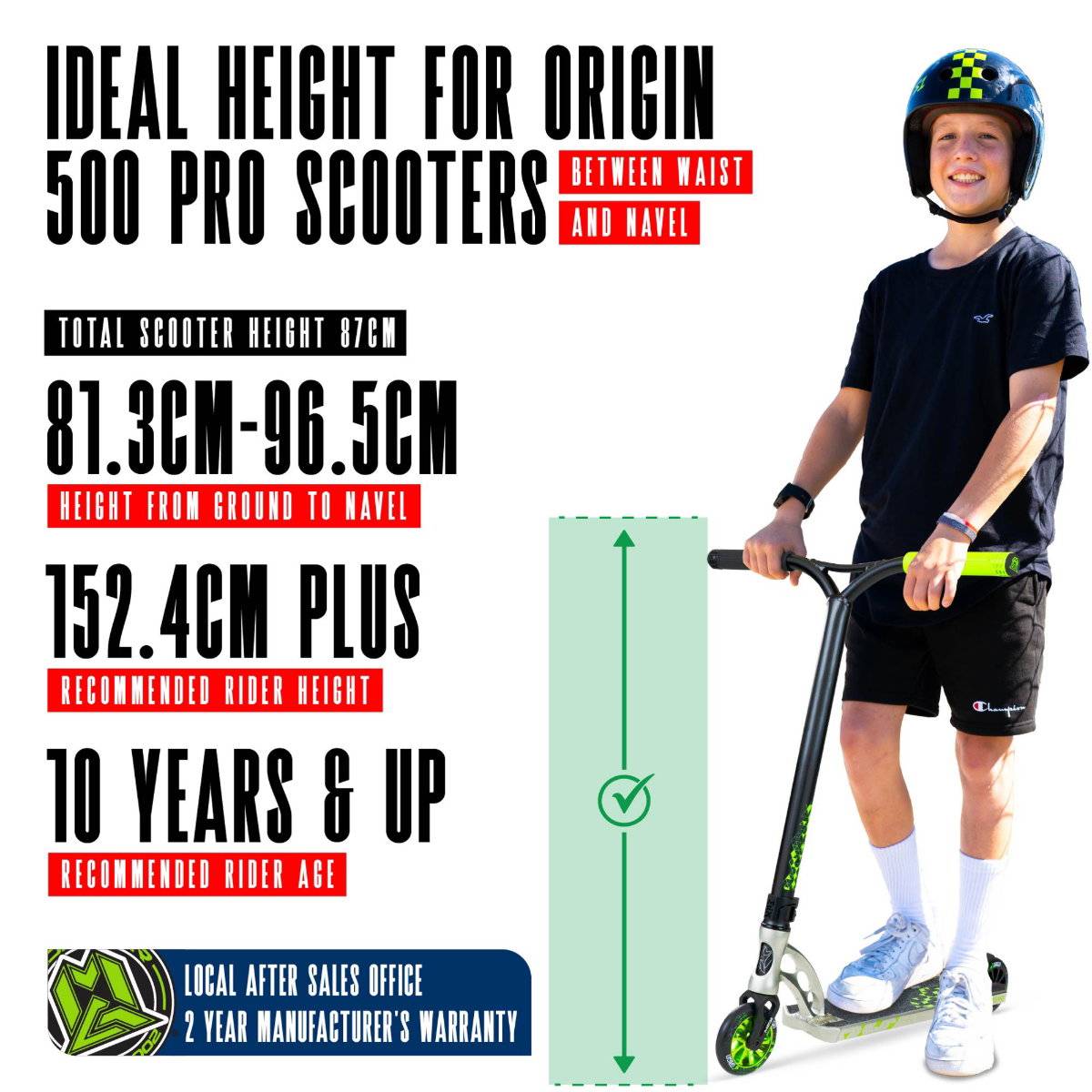 A smiling child in a helmet stands with the Madd Gear MGP VX Origin IV 500 Complete Stunt Scooter - Pyriform, perfect for riders aged 10+, scooter height 87cm, ideal navel height 81.3-96.5cm.