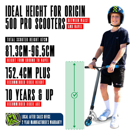 A young rider in a helmet stands with the Madd Gear (MGP) VX Origin IV 500 Complete Stunt Scooter - Scalene, which is 87cm tall and ideal for ages 10+, riders over 152.4cm, at a height between waist and navel.