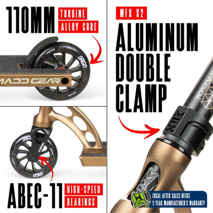 Composite image featuring the Madd Gear (MGP) VX Origin IV 550 Complete Stunt Scooter in Antique Brass with 110mm turbine alloy wheels, MFX X2 double clamp, ABEC-11 bearings—ideal for park riders. Includes local after sales office and 2-year warranty.