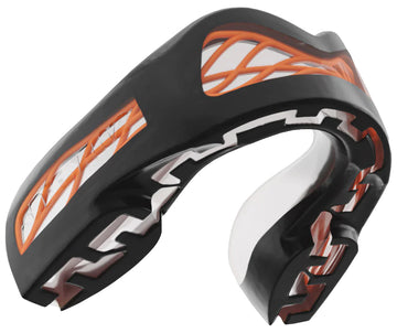 A close-up of the Safejawz Nitro Series Protection Mouthguard in black/red shows its flexible, shock-absorbing build and textured surface for superior protection.
