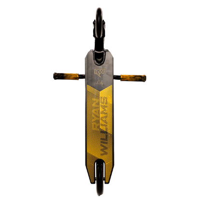 The Nitro Circus Ryan Williams Signature Replica 2025 Complete Stunt Scooter in black features a deck with diagonal yellow lines, two wheels, and handlebars with yellow and black grips, all viewed from above.
