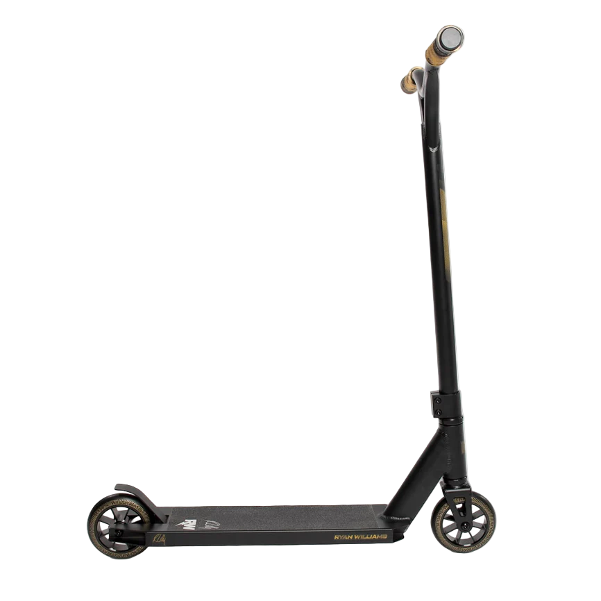 The Nitro Circus Ryan Williams Signature Replica 2025 Stunt Scooter in black features gold accents, small wheels, a flat deck with printed text, striped black and gold handle grips, and high handlebars. Ideal for beginners. Shown in profile on a white background.