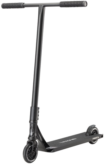 The Blunt Envy Prodigy X ONE Street Edition Complete Stunt Scooter in black features a straight handlebar, textured grips, small front and rear wheels, and a deck labeled "Prodigy," angled slightly to the side for style and durability.