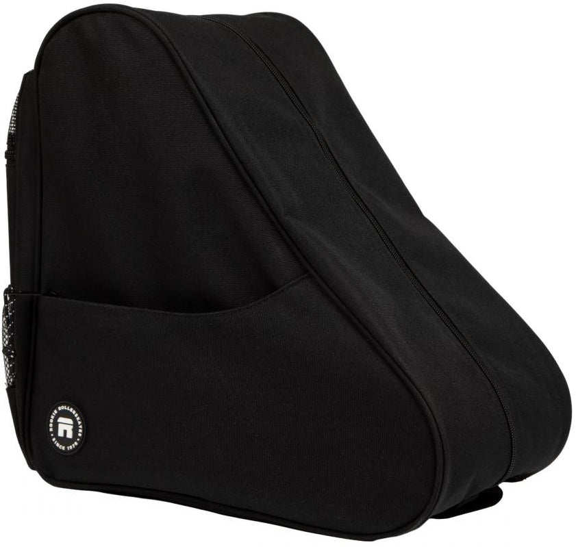 The Rookie Classic 78 Skate Bag - Black by Rookie features a sleek curved design, convenient side pocket, zippered closure, and a small circular logo near the base—an ideal stylish solution for carrying your skates.