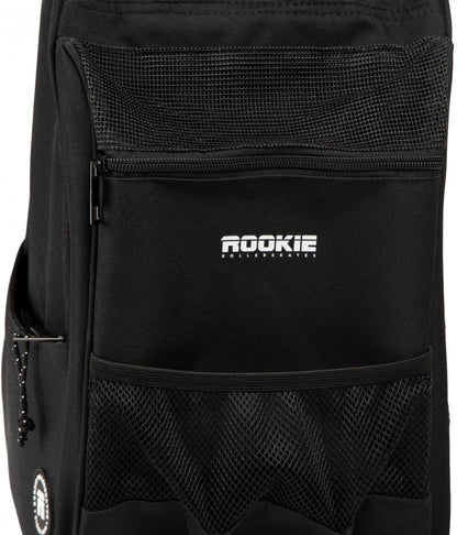 A close-up of the Rookie Classic 78 Skate Bag - Black by Rookie, featuring mesh pockets and "ROOKIE" printed in white on the front pocket—perfect for carrying your skates and keeping your gear organized.