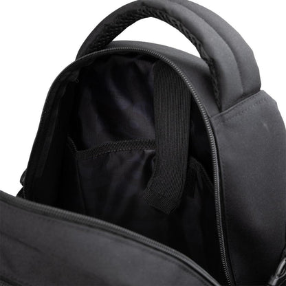 A close-up view of the inside of the Rookie Skatepack Classic 78 25 L Backpack by Rookie in black, featuring an open zipper, a padded handle, and an inner compartment with a fabric divider and strap—perfectly organized for any skate backpack enthusiast.
