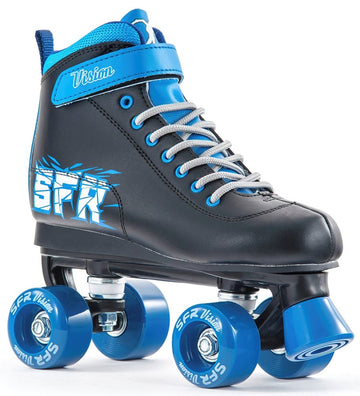 The SFR Vision II Quad Roller Skates - Blue by SFR feature a black and blue design with gray laces, blue polyurethane injected wheels, a "Vision" strap, and a white and blue side pattern with "SFR" lettering.