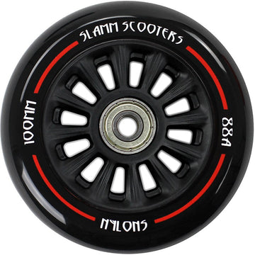 Upgrade your scooter with the Slamm Nylon Core 100mm Scooter Wheel - Black/Black by Slamm, featuring a silver ABEC 9 Chrome Bearing, red and white accents, and bold "SLAMM SCOOTERS," "100MM," "88A," and "NYLONS" text.