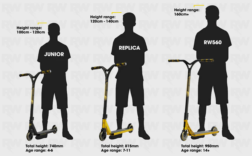 Three children beside scooters—including the Nitro Circus Ryan Williams Signature Replica 2025 Complete Stunt Scooter—show height/age ranges for riders, from beginner to advanced Nitro Circus stunt scooters.