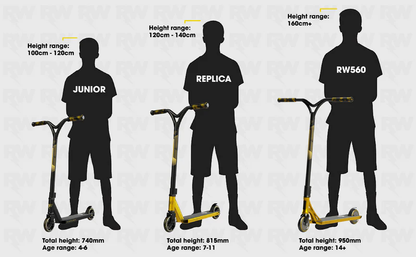 Three children beside scooters—including the Nitro Circus Ryan Williams Signature Replica 2025 Complete Stunt Scooter—show height/age ranges for riders, from beginner to advanced Nitro Circus stunt scooters.