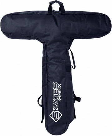 The Skates.co.uk Scooter Bag - Black is a T-shaped bag with handles and a shoulder strap, designed to carry ice or roller skates. It features the white "SKATES.CO.UK" logo on the longer section.