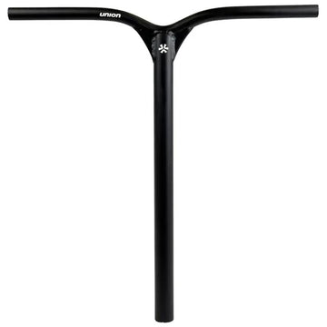The Union Classic Aluminium Oversized IHC Stunt Scooter Bar in black (600mm x 560mm) features a Y-shaped design, "union" branding near the top, and a small white logo below the crossbar. It stands upright against a white background.