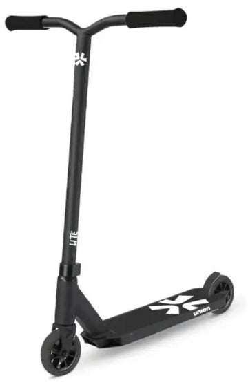 The Union Lite Complete Stunt Scooter by Union features a wide handlebar, black grips and wheels, and a deck with white graphics and "union" on the side—ideal for mastering tricks at the skatepark.