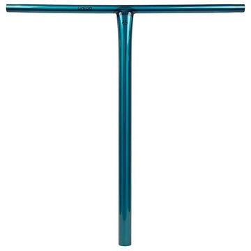 The Union Uniq T Steel Oversized HIC Stunt Scooter Bar in polished teal (600mm x 580mm) by Union features a glossy finish, straight grips, and a durable chromoly steel T-shape—perfect for riders seeking style and strength.