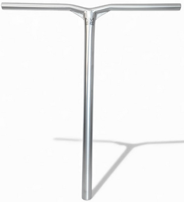 The Legacy Gusset Titanium Oversized HIC Stunt Scooter Y-Bars in Chrome (660mm x 600mm) stand upright against a plain white background, their silver finish casting a faint shadow to the right.