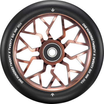 A close-up of the Blunt Envy Sector 120mm Stunt Scooter Wheel - Copper shows its metallic copper geometric spoke design and white tire text reading "ONE HUNDRED TWENTY X TWENTY SIX MM 86A.