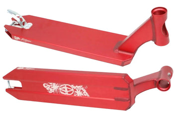 Two views of the Apex Pro Jett Williams Signature Red Stunt Scooter Deck (5" x 19.3") by Apex, featuring bold white artwork; one view highlights the top and the other shows off the deck’s unique shape and signature graphics.