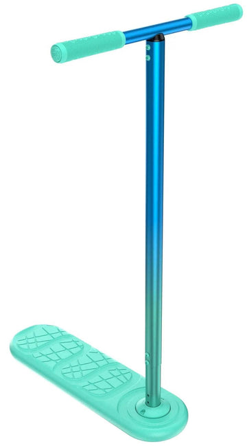 The INDO Kickstart Classic Indoor Trampoline Stunt Scooter - Neon by INDO features a textured footboard, lightweight flexible frame, and adjustable T-bar handle, shown in teal and blue against a white background.